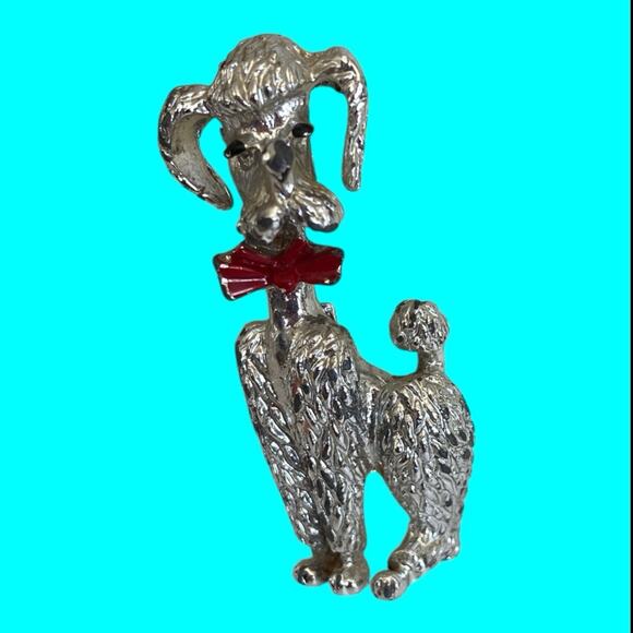 Vintage Silver Tone Poodle Dog With Red Bow Tie Brooch Pin 1.25” Tall - Picture 8 of 8